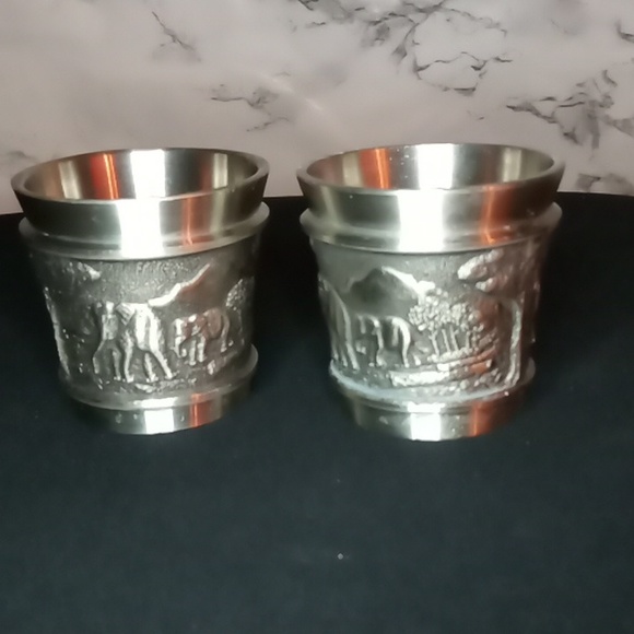 Pewter Thai element Elephant Scene Shot Glass Set - Picture 2 of 10